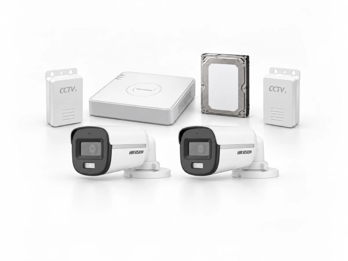 Two Hikvision DS-2CE10DF0T-PFS ColorVu cameras, DS-7108HGHI-M1/T DVR, 500GB HDD and 2 CCTV power supplies