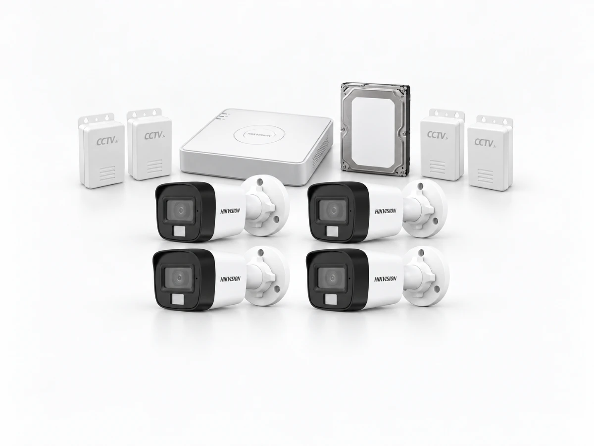 Four Hikvision DS-2CE16D0T-EXLPF cameras with DS-7104HGHI-M1/T DVR, 500GB surveillance HDD and four CCTV power supplies