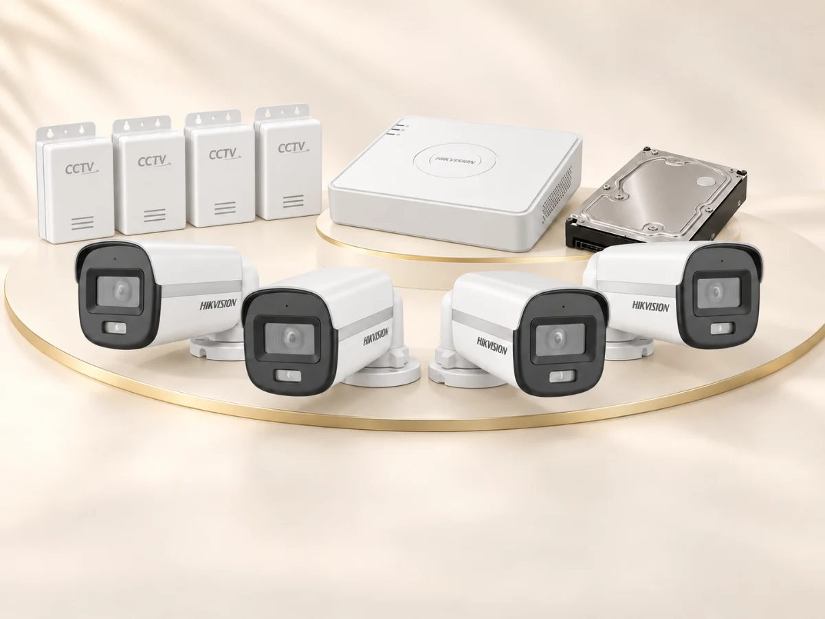 Four Hikvision DS-2CE10KF0T-LPFS 3K cameras, iDS-7104HQHI-M1/T DVR, 500GB HDD and 4 CCTV power supplies