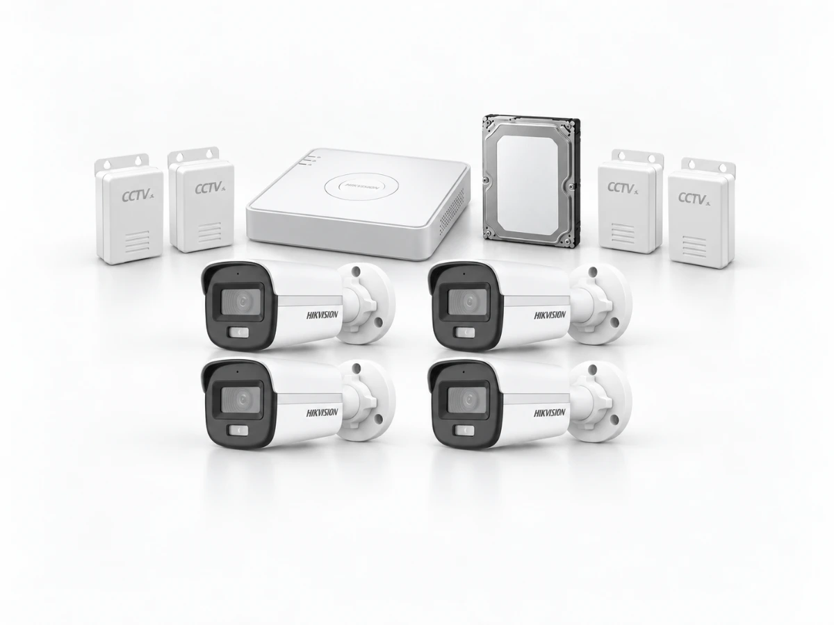 Four Hikvision DS-2CE10DF0T-PFS ColorVu cameras, DS-7108HGHI-M1/T DVR, 500GB HDD and 4 CCTV power supplies