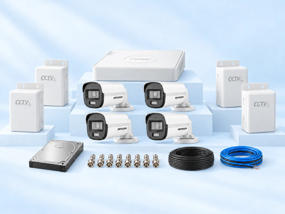 4 Hikvision ColorVu cameras, 4-channel DVR, HDD, 4 power supplies, 8 BNC connectors, 1 coax coil and TT cable