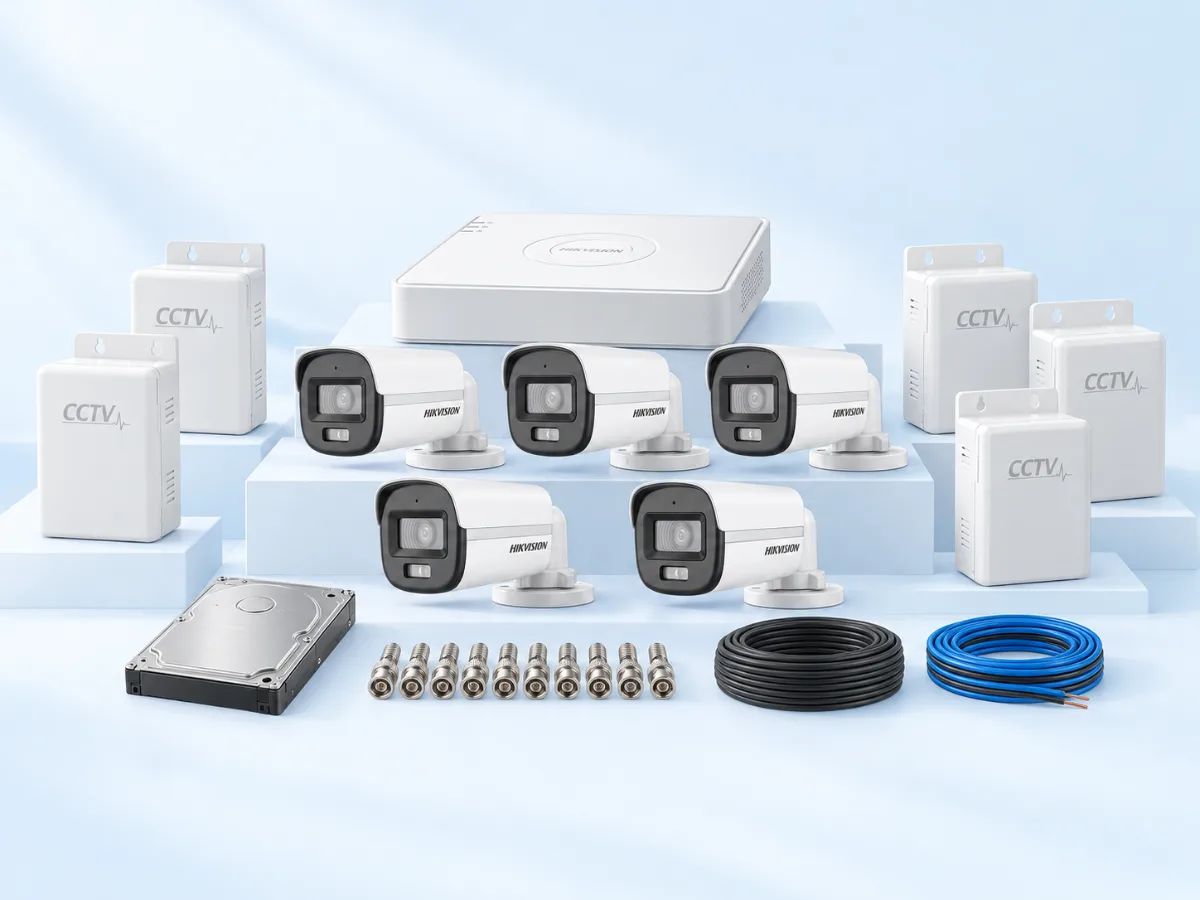 5 Hikvision ColorVu cameras, 8-channel DVR, HDD, 5 power supplies, 10 BNC connectors, 1 coax coil and TT cable