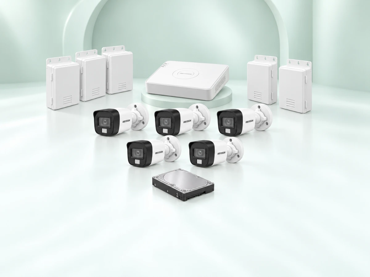 5 Hikvision DS-2CE16D0T-EXLPF cameras, DS-7108HGHI-M1/T DVR, 500GB HDD and 5 power supplies on a light mint studio background