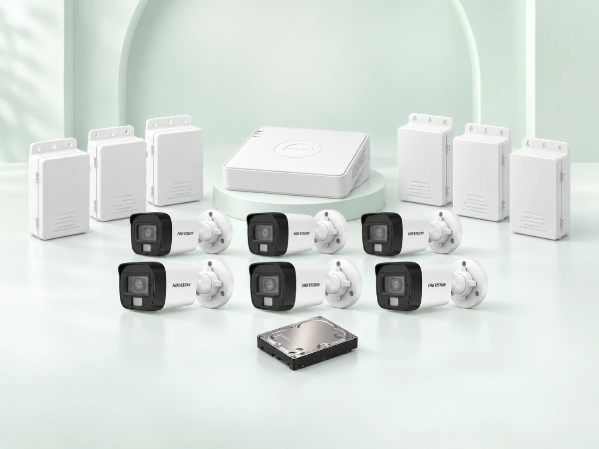 6 Hikvision DS-2CE16D0T-EXLPF cameras, DS-7108HGHI-M1/T DVR, 500GB HDD and 6 power supplies on a light mint studio background