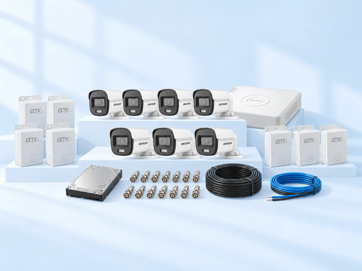 7 Hikvision ColorVu cameras, 8-channel DVR, HDD, 7 power supplies, 14 BNC connectors, 1 coax coil and TT cable