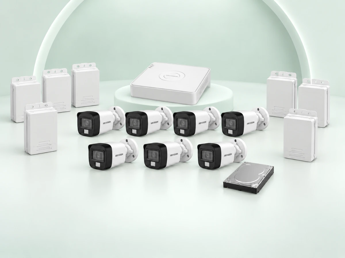 7 Hikvision DS-2CE16D0T-EXLPF cameras, DS-7108HGHI-M1/T DVR, 500GB HDD and 7 power supplies on a light mint studio background