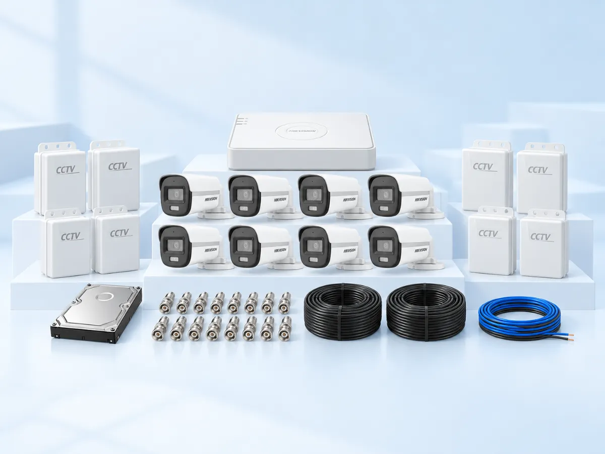 8 Hikvision ColorVu cameras, 8-channel DVR, HDD, 8 power supplies, 16 BNC connectors, 2 coax coils and TT cable