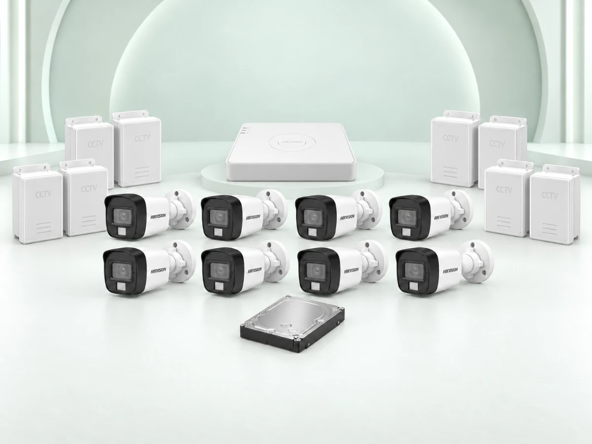 8 Hikvision DS-2CE16D0T-EXLPF cameras, DS-7108HGHI-M1/T DVR, 500GB HDD and 8 power supplies on a light mint studio background